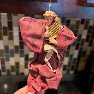 Vintage Cloth angel playing harp ornament